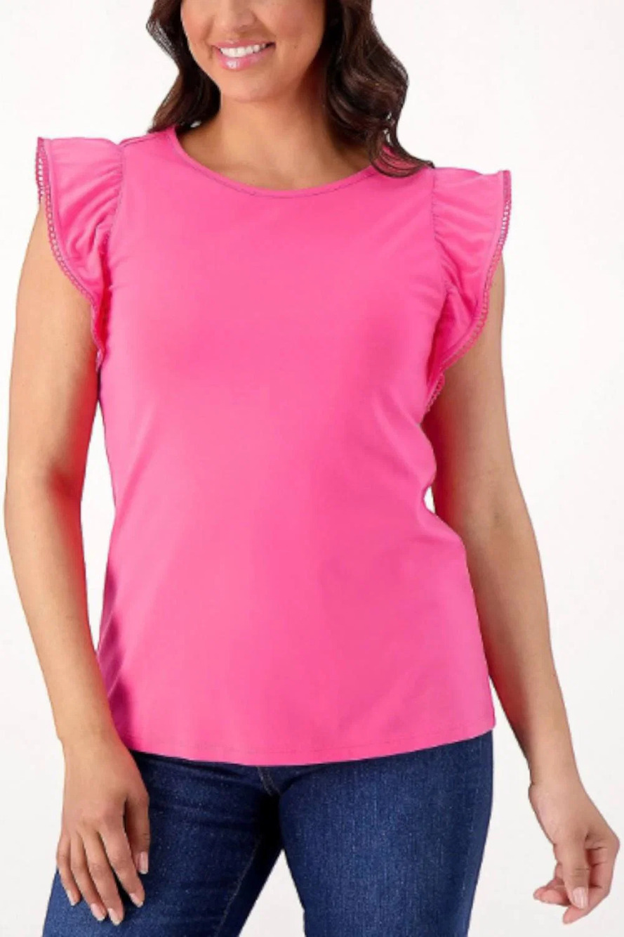 Isaac Mizrahi Live! Women's Crew Neck Ruffle Sleeve Top Iconic Pink - Plus